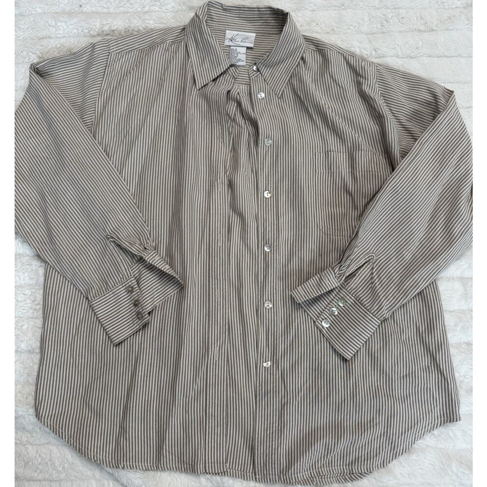 Kathie Lee Brown White Striped Silk Button-Up Collared Long Sleeve Shirt 12
